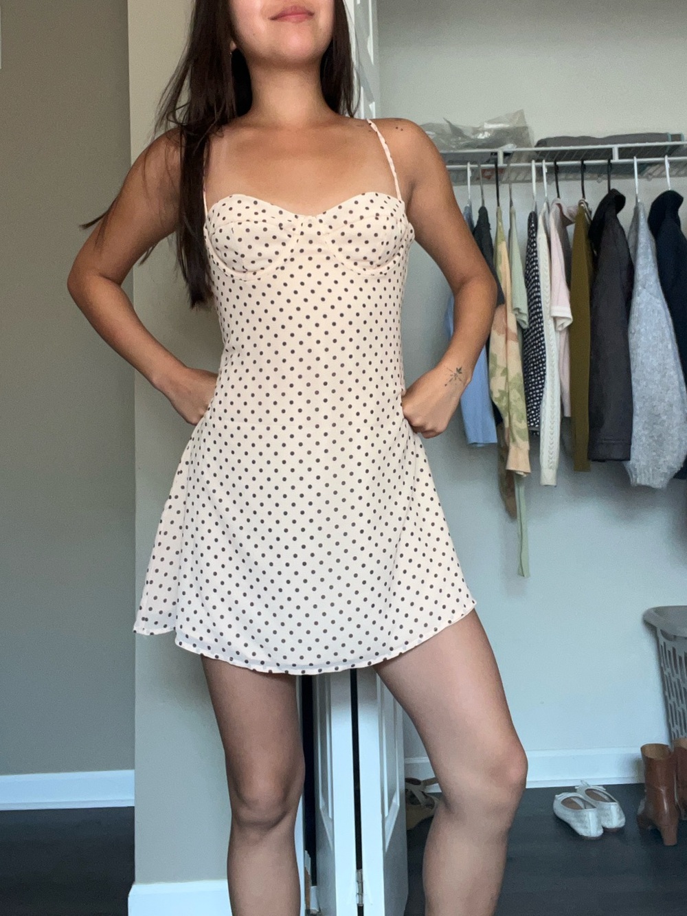 White Fox Cream Polka Dot Spaghetti Strap Dress